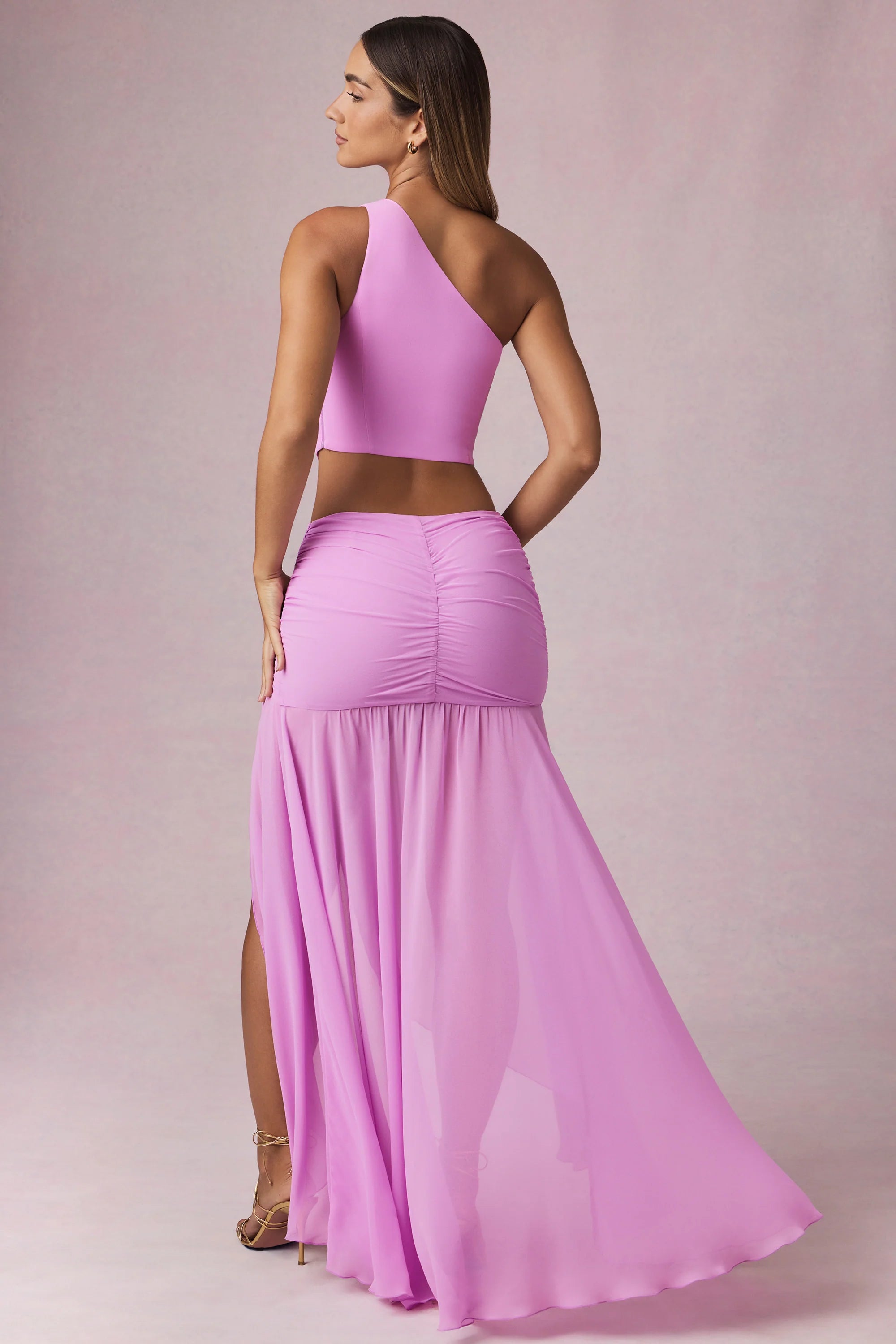 Asymmetric Ruched Maxi Skirt in Pink Orchid