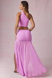 Asymmetric Ruched Maxi Skirt in Pink Orchid