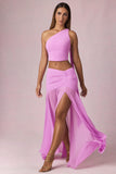 Asymmetric Ruched Maxi Skirt in Pink Orchid