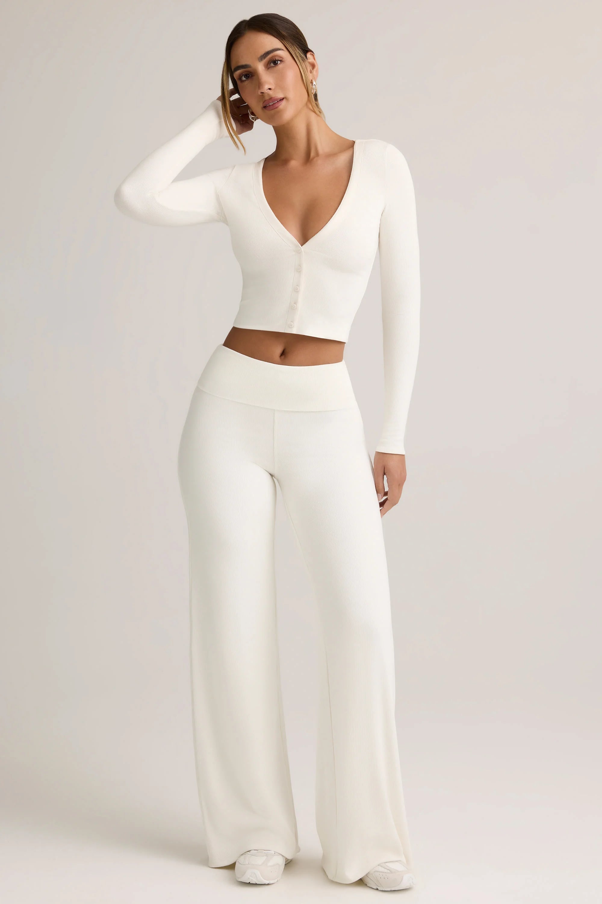 Modal Ribbed Cropped Cardigan in White