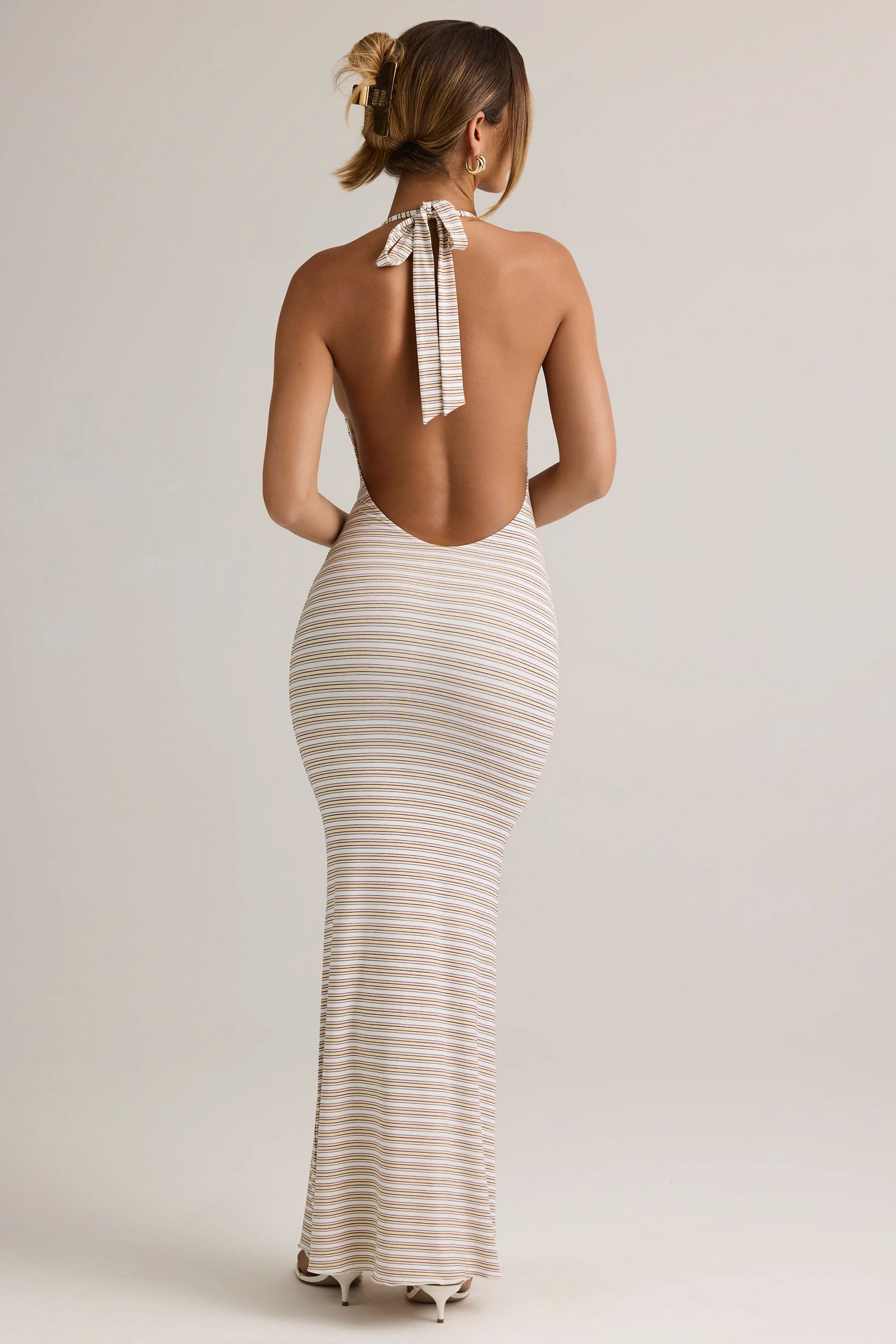 Modal Backless Halterneck Maxi Dress in Pink & Yellow Stripe