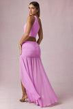 Asymmetric Ruched Maxi Skirt in Pink Orchid