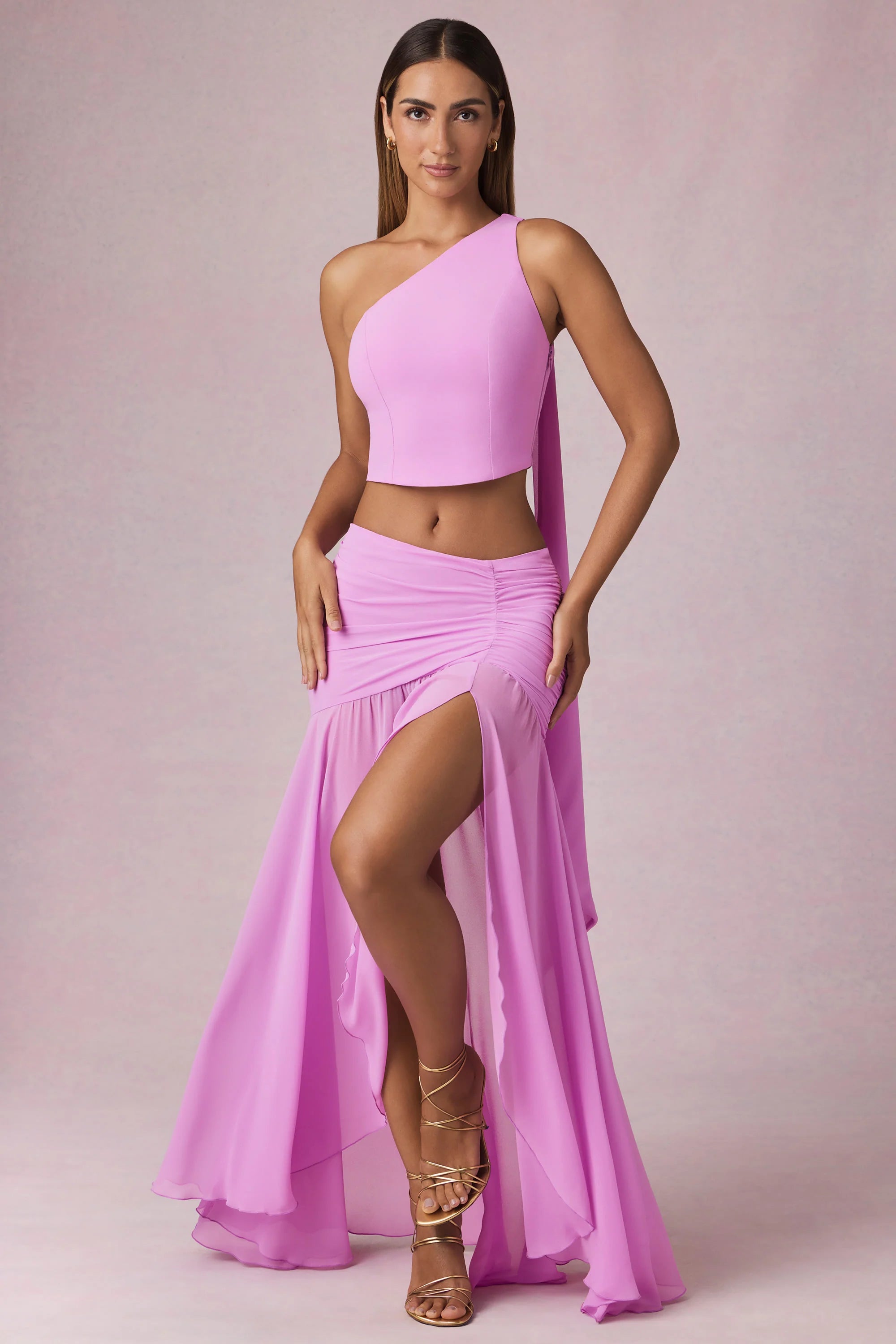 Asymmetric Ruched Maxi Skirt in Pink Orchid
